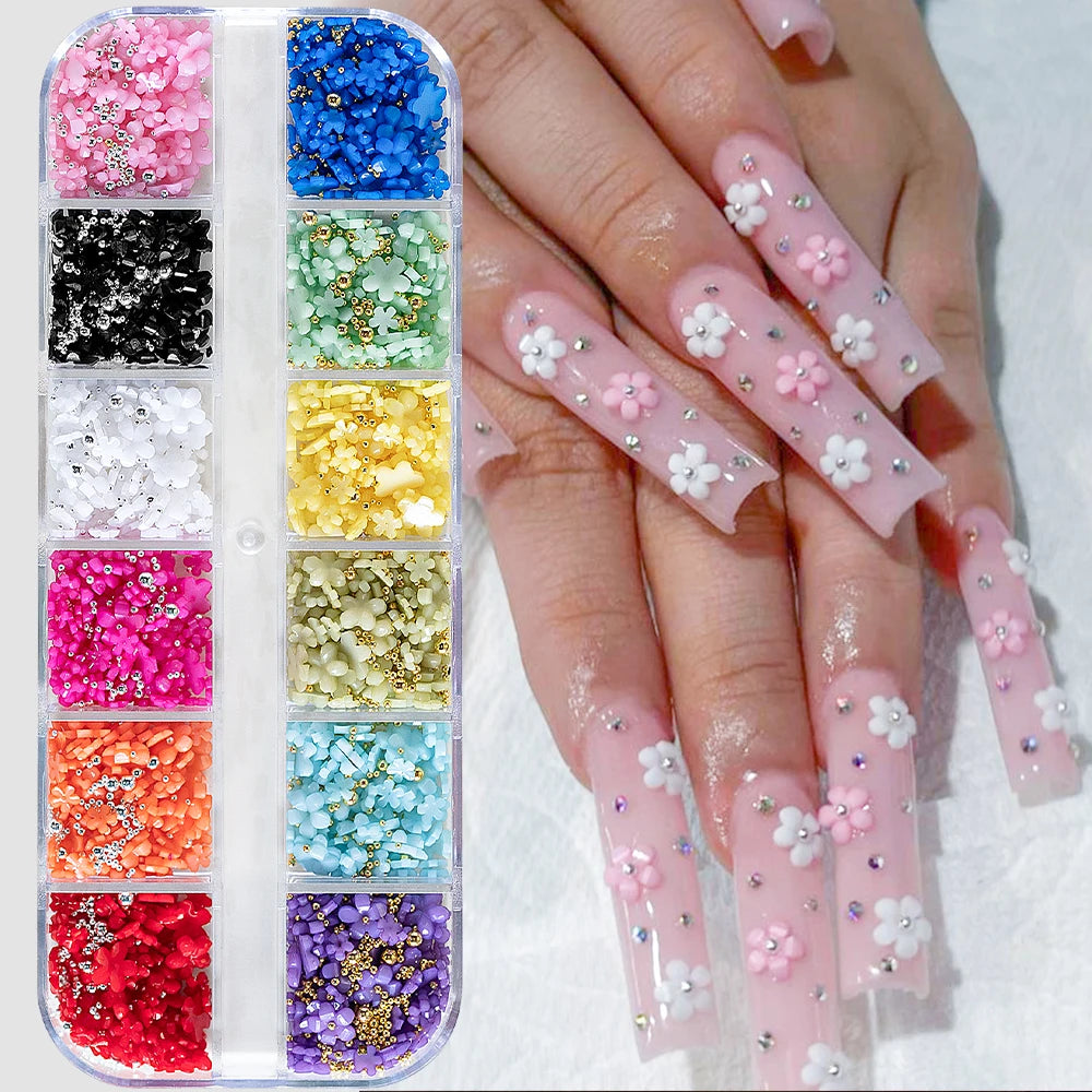 12Grids/box Colorful Acrylic Flower 3D Nail Art Decor Mixed-size 1/2/3/6mm Nail Acrylic Flower DIY Steel Bead Manicure Flowers