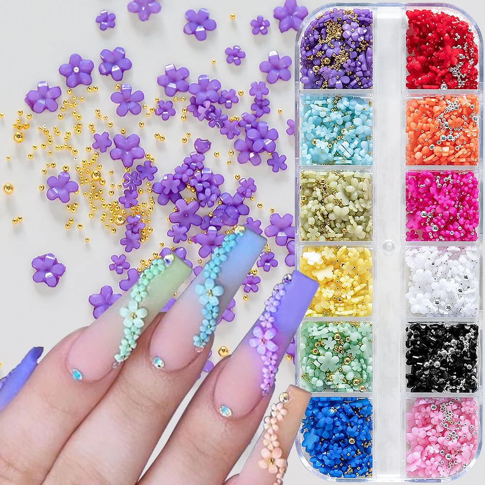 12Grids/box Colorful Acrylic Flower 3D Nail Art Decor Mixed-size 1/2/3/6mm Nail Acrylic Flower DIY Steel Bead Manicure Flowers