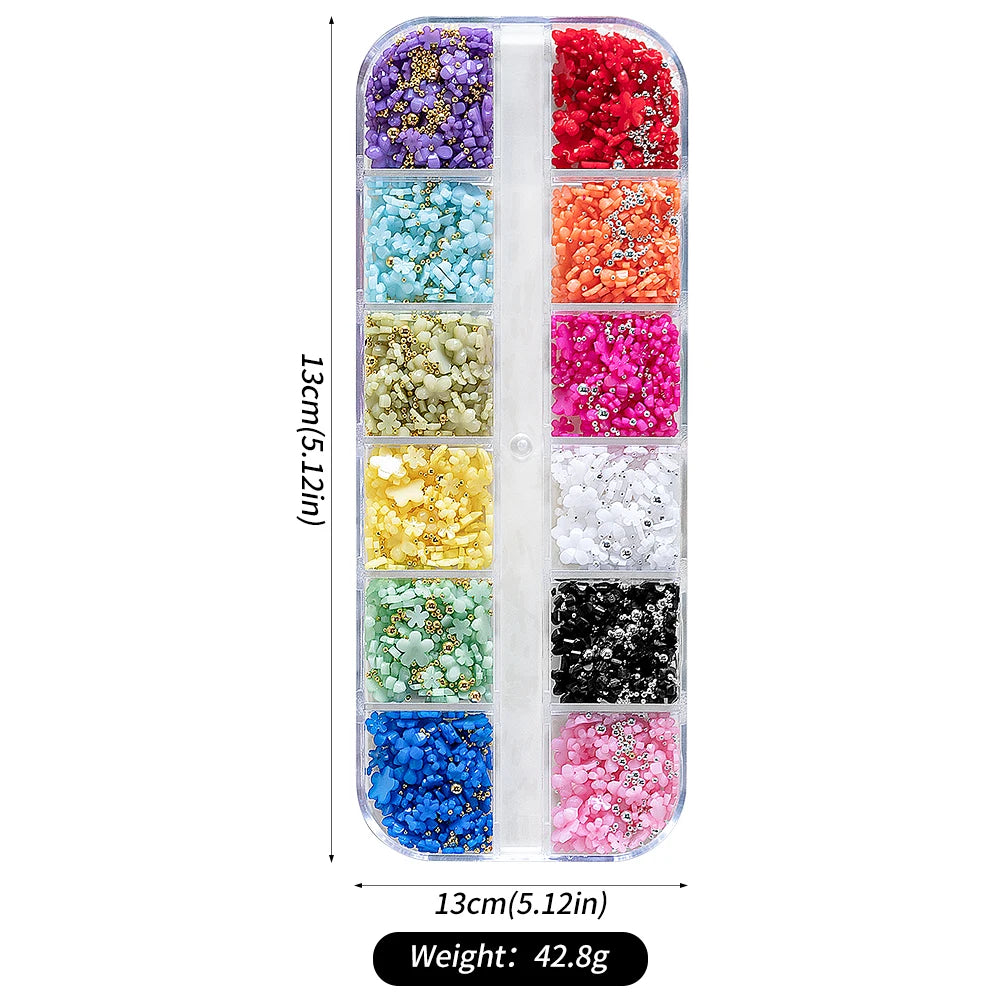 12Grids/box Colorful Acrylic Flower 3D Nail Art Decor Mixed-size 1/2/3/6mm Nail Acrylic Flower DIY Steel Bead Manicure Flowers