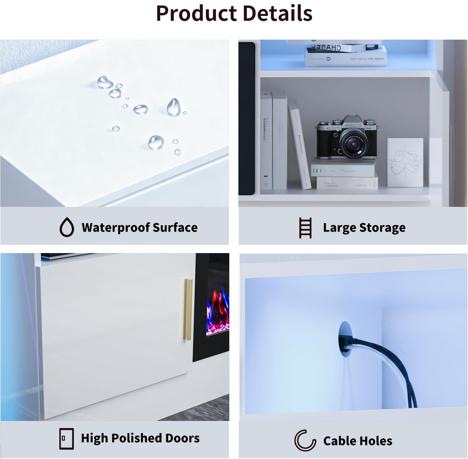 VENDORZ TV Stand with Fireplace, 70 Inch Fire Places TV Stand for Living Room, 36" White Electric Fireplace TV Stands, LED Entertainment Center with Fireplace, Up to 80" TVs