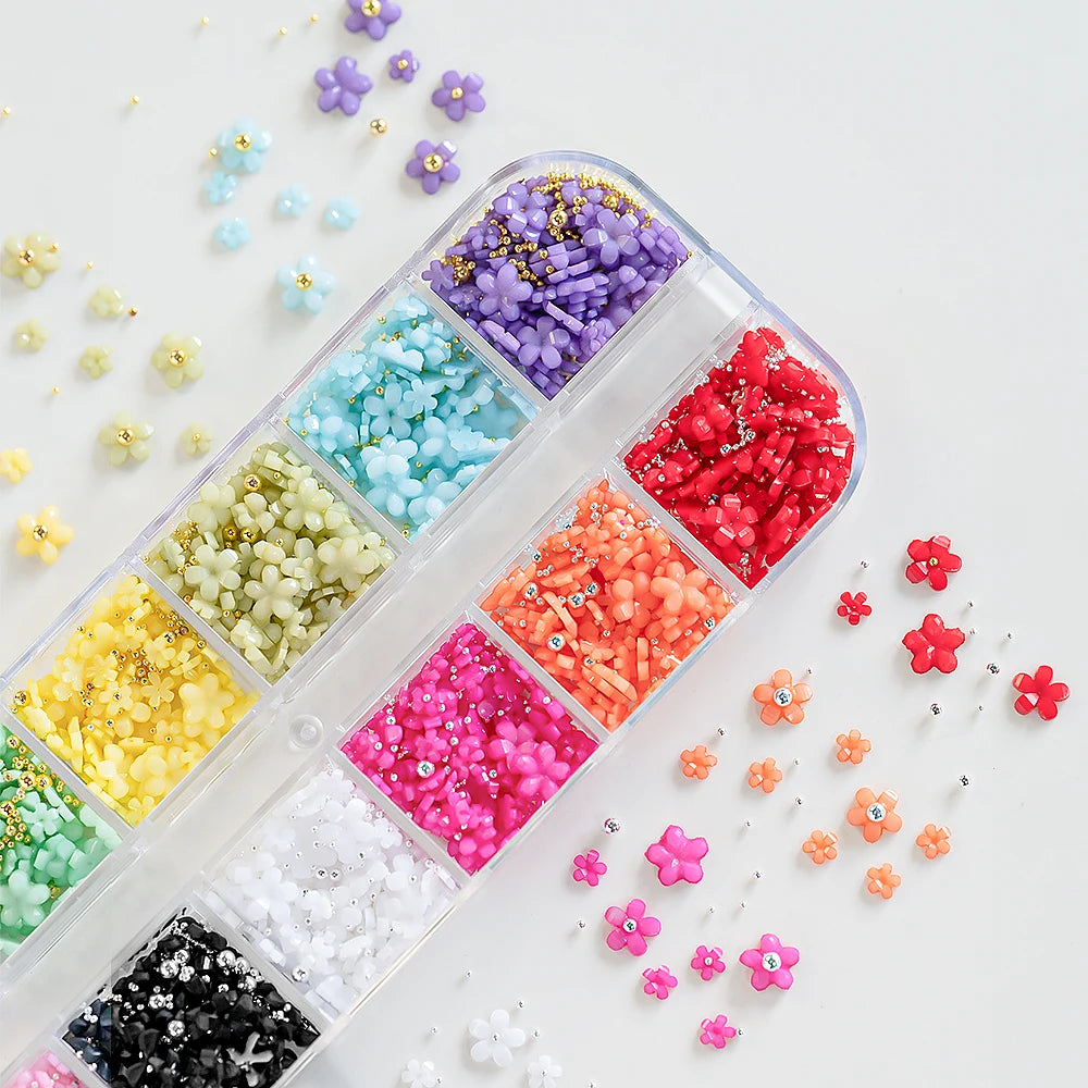 12Grids/box Colorful Acrylic Flower 3D Nail Art Decor Mixed-size 1/2/3/6mm Nail Acrylic Flower DIY Steel Bead Manicure Flowers