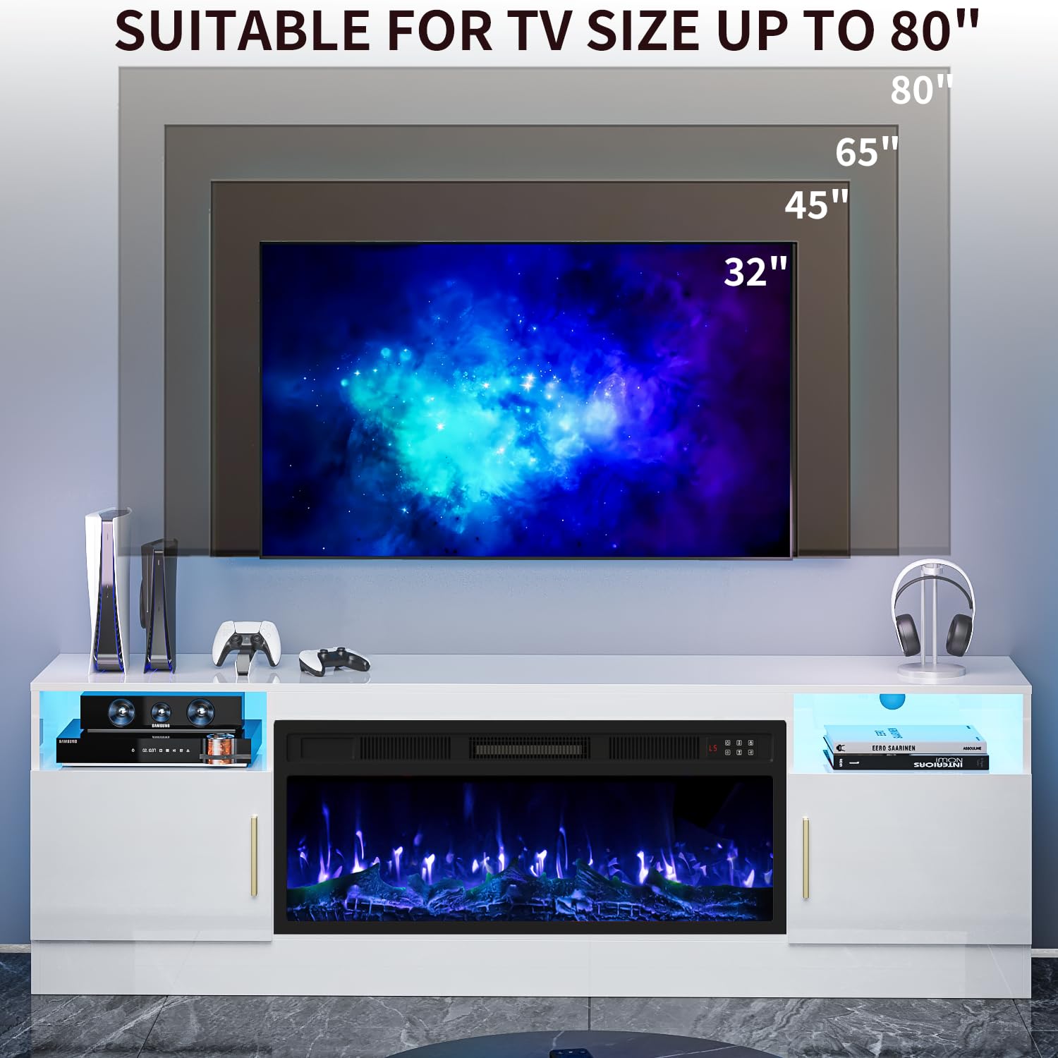 VENDORZ TV Stand with Fireplace, 70 Inch Fire Places TV Stand for Living Room, 36" White Electric Fireplace TV Stands, LED Entertainment Center with Fireplace, Up to 80" TVs