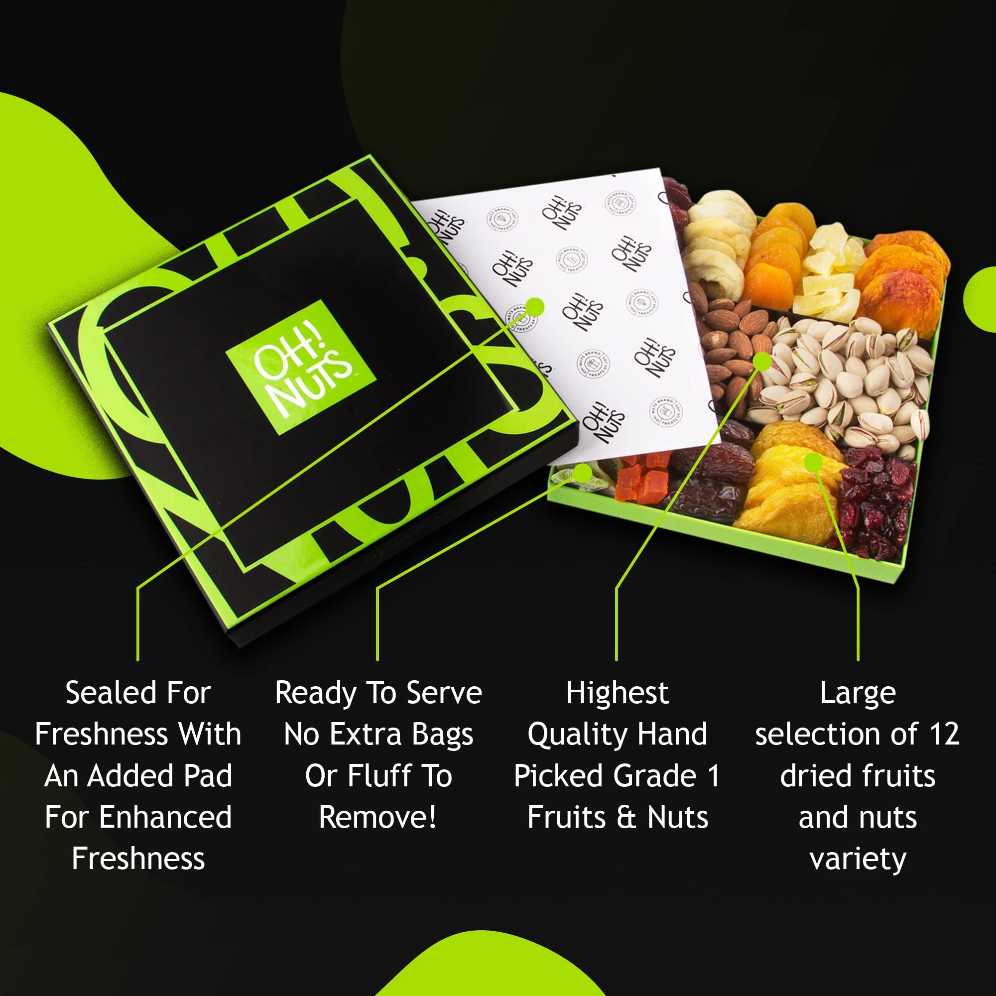 Oh! Nuts Dried Fruits and Nuts Gift Basket - Gourmet Gift Baskets - Healthy Assorted Nuts and Dried Fruit Gift Box - Crafted in USA, Sealed Fresh in Individual Packs (Green Box)