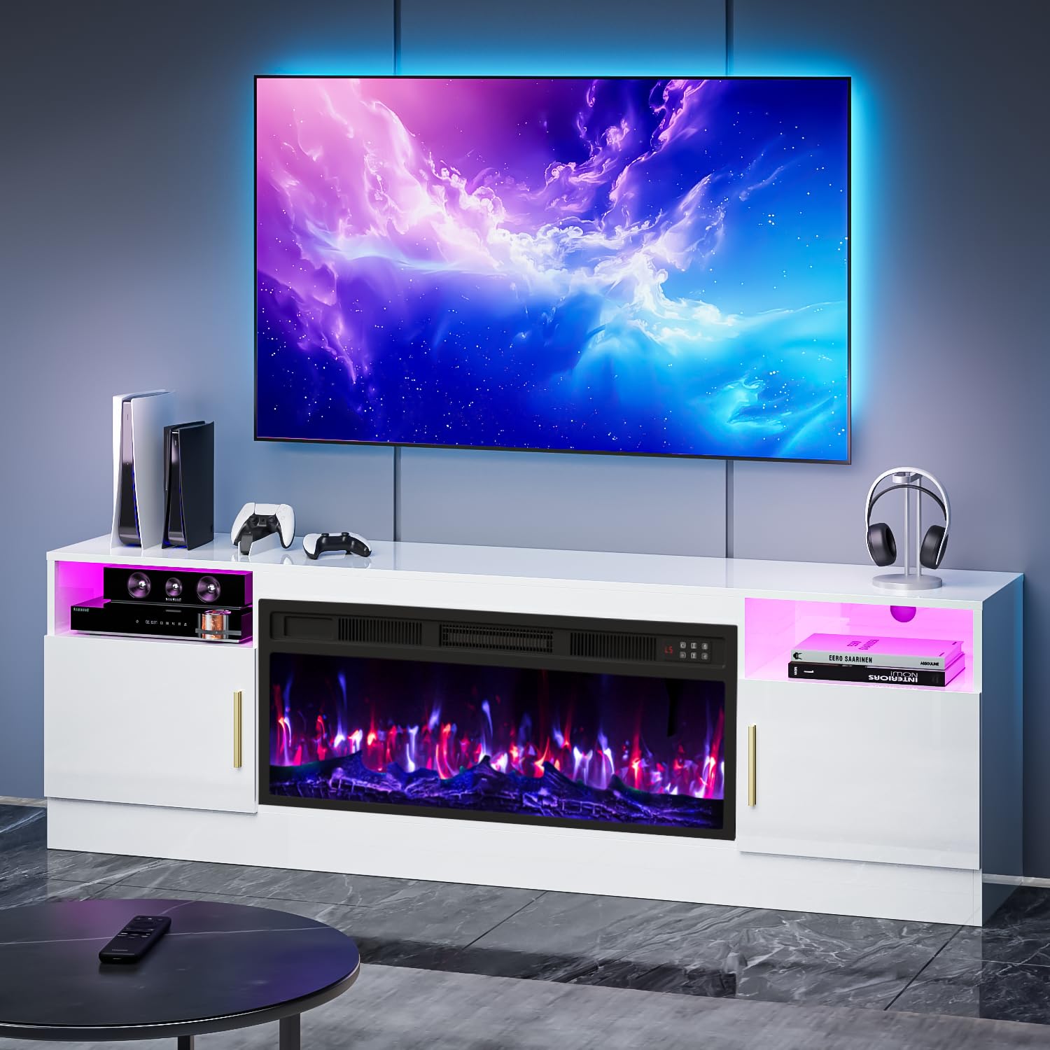VENDORZ TV Stand with Fireplace, 70 Inch Fire Places TV Stand for Living Room, 36" White Electric Fireplace TV Stands, LED Entertainment Center with Fireplace, Up to 80" TVs