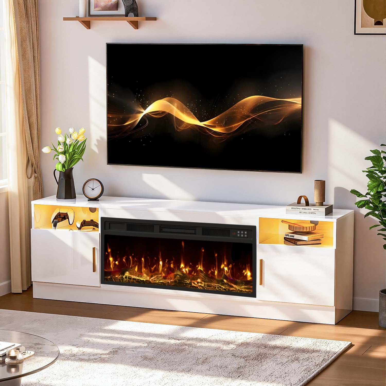 VENDORZ TV Stand with Fireplace, 70 Inch Fire Places TV Stand for Living Room, 36" White Electric Fireplace TV Stands, LED Entertainment Center with Fireplace, Up to 80" TVs