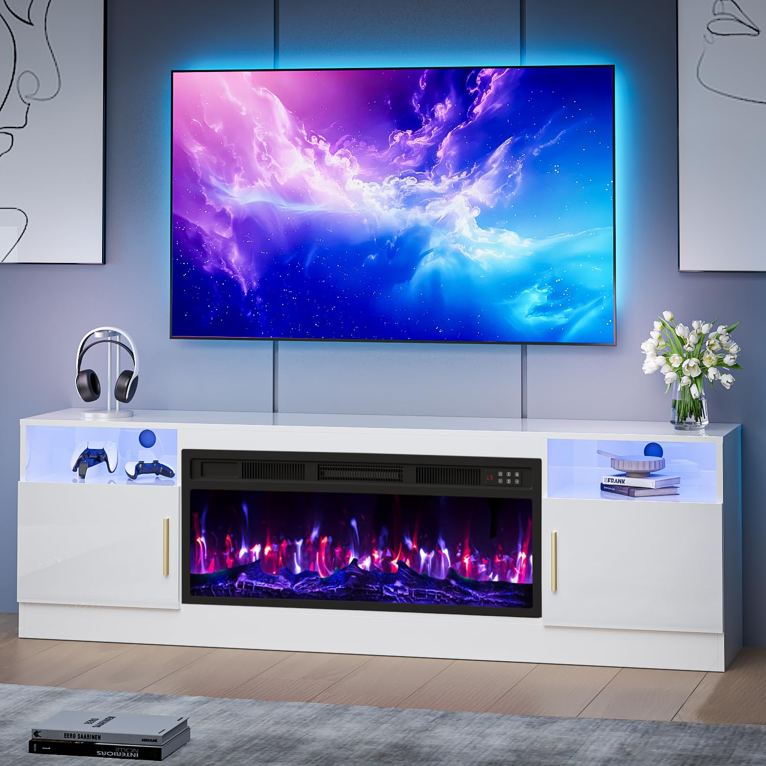 VENDORZ TV Stand with Fireplace, 70 Inch Fire Places TV Stand for Living Room, 36" White Electric Fireplace TV Stands, LED Entertainment Center with Fireplace, Up to 80" TVs