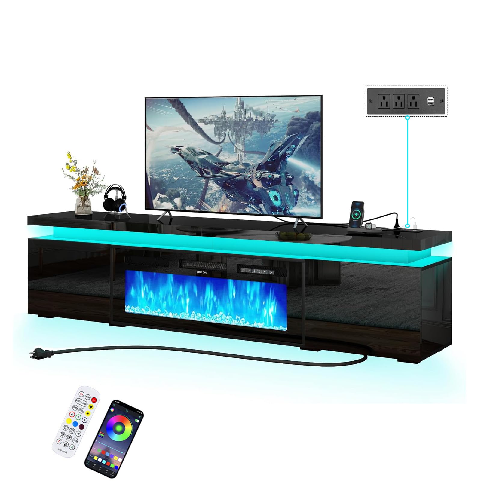 St.Mandyu Fireplace TV Stand for 80" TV, 71" LED TV Stand with 40" Electric Fireplace & Power Outlet, High Gloss Surface, 2 Storage Cabinet, Modern Style (71 Inch, Black