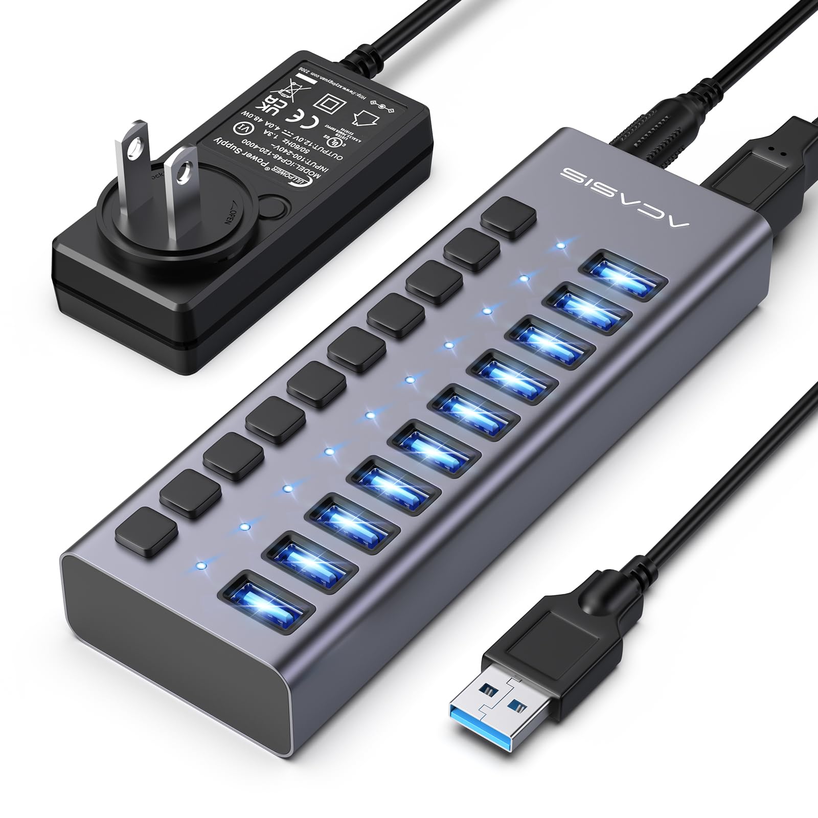 Powered USB 3.2 Hub, ACASIS 10 Ports USB 3.2 Hub with 10Gbps Data Speed, Aluminum Housing, USB Hub Powered with 48W Power Adapter, USB Hub for PC/Laptop, Computer, Flash Drive, Printer, Camera