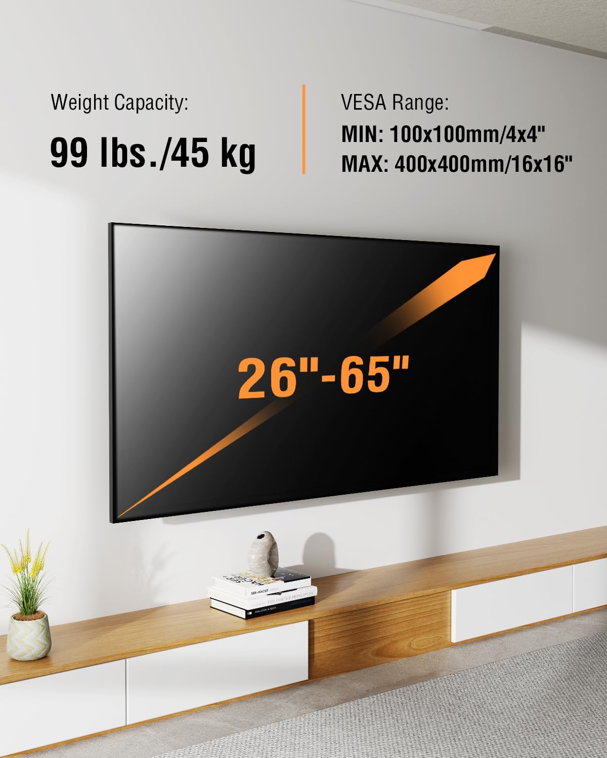 EconoMe TV Wall Mount for Most 26-65 inch tvs, Full Motion TV Mount Swivel and Tilt, Wall Mount Bracket Max VESA 400x400mm, Holds up to 99 lbs, Fits 12” 16" Wood Studs.