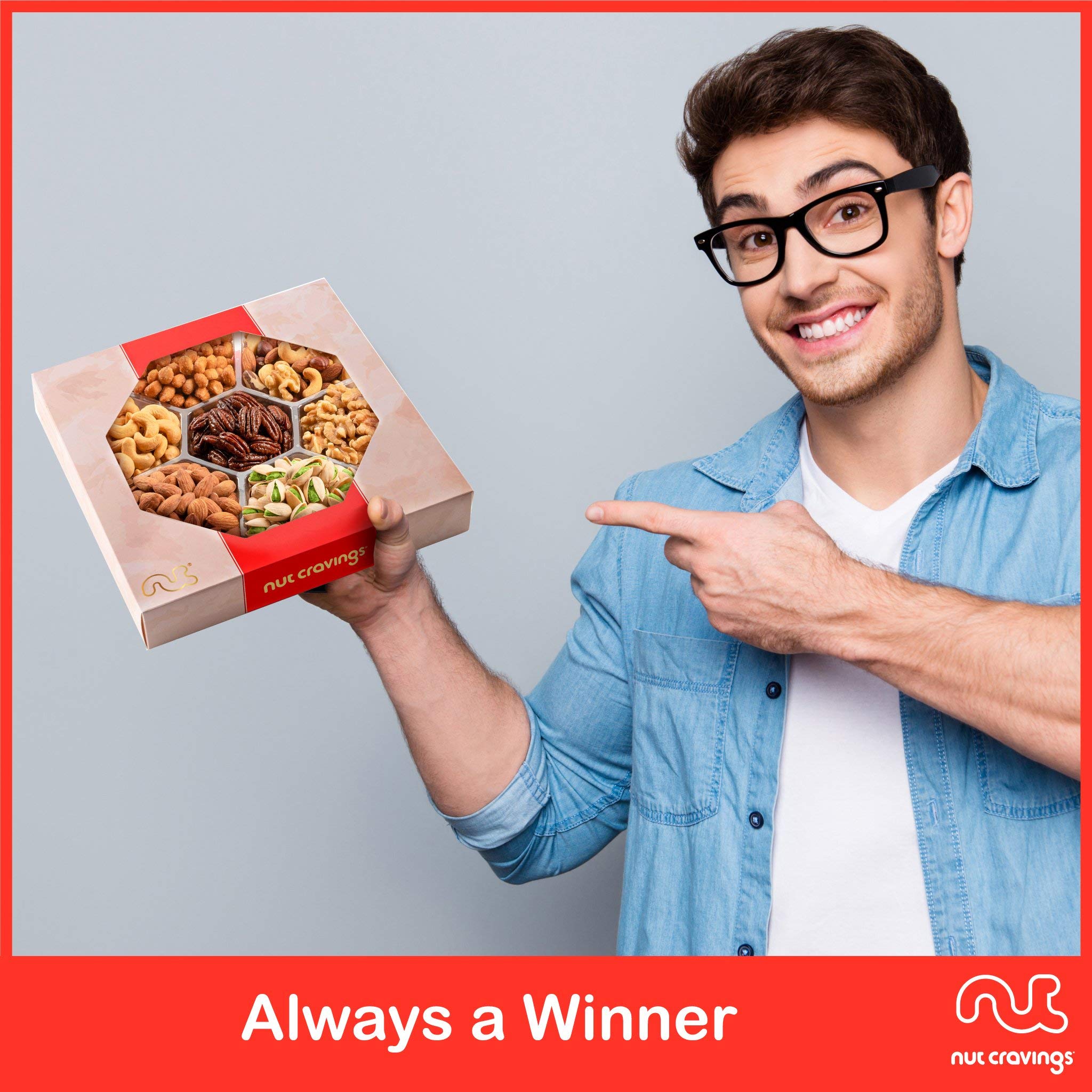 NUT CRAVINGS - Holiday Christmas Mixed Nuts Gift Basket in Red Gold Box (7 Assortments, 2 LB) Xmas Treats for Adults, Food Arrangement, Healthy Snack Care Package, Kosher