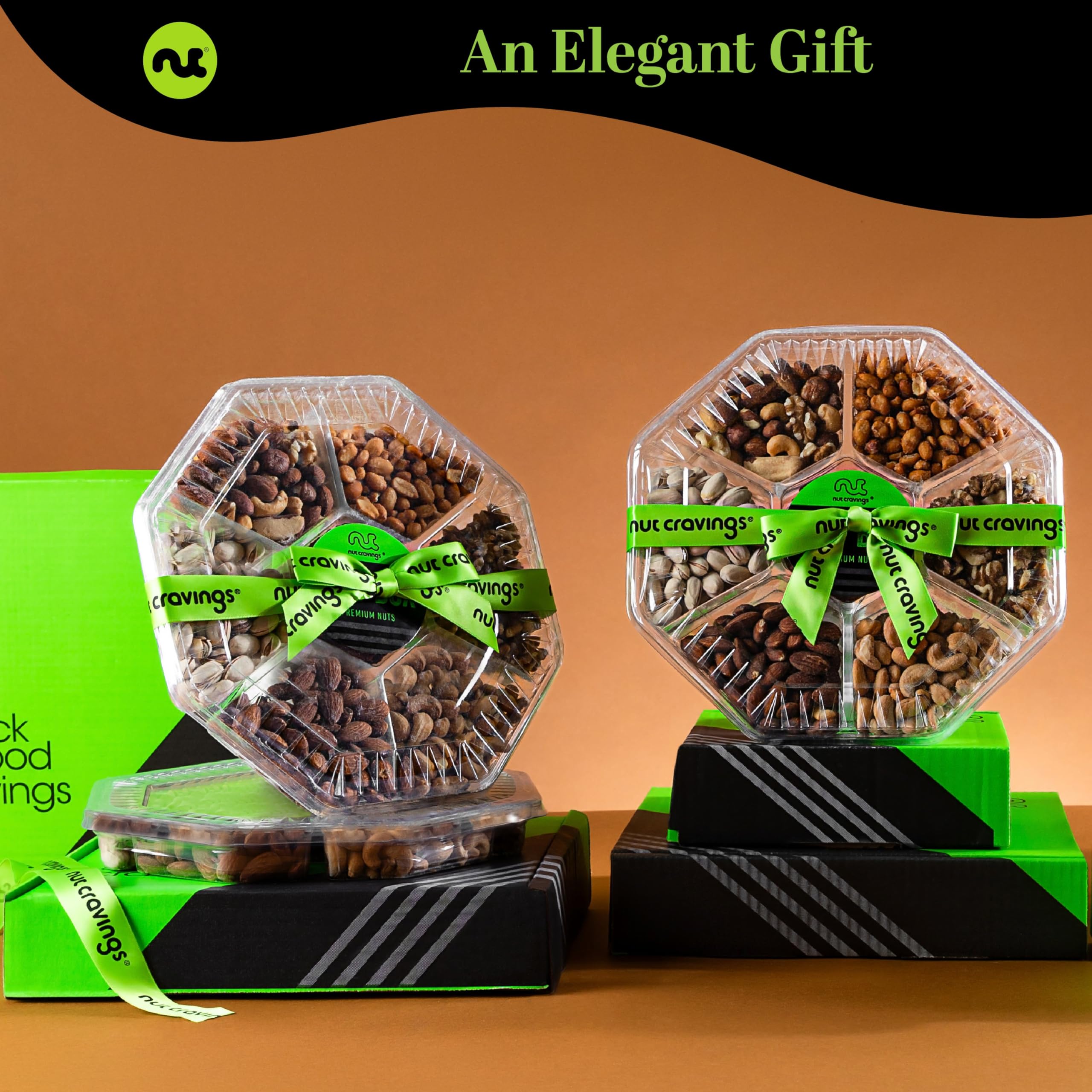 NUT CRAVINGS - Holiday Christmas Mixed Nuts Gift Basket + Green Ribbon (7 Assortments, 1 LB) Xmas Treats for Adults, Food Arrangement, Healthy Snack Care Package, Kosher