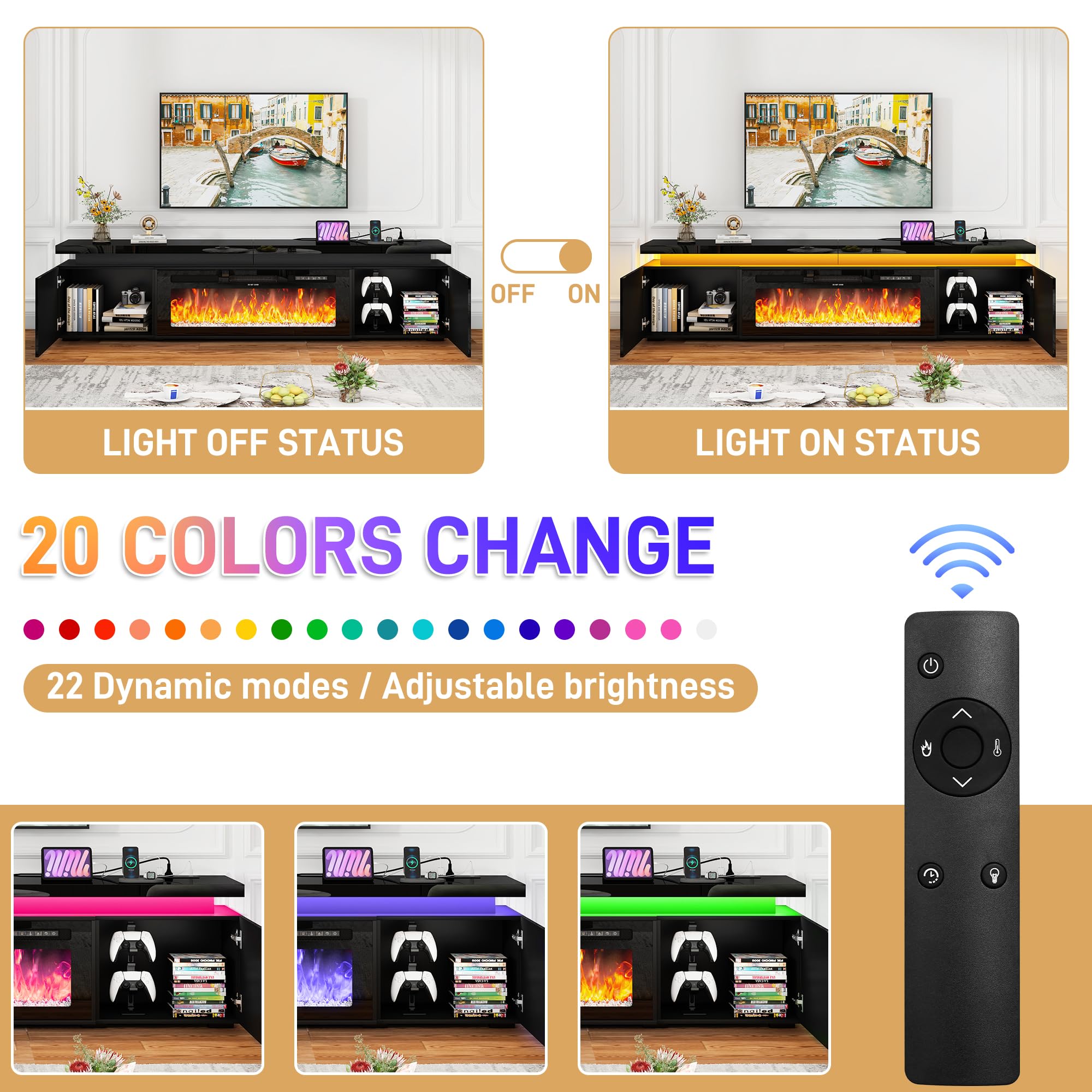 St.Mandyu Fireplace TV Stand for 80" TV, 71" LED TV Stand with 40" Electric Fireplace & Power Outlet, High Gloss Surface, 2 Storage Cabinet, Modern Style (71 Inch, Black