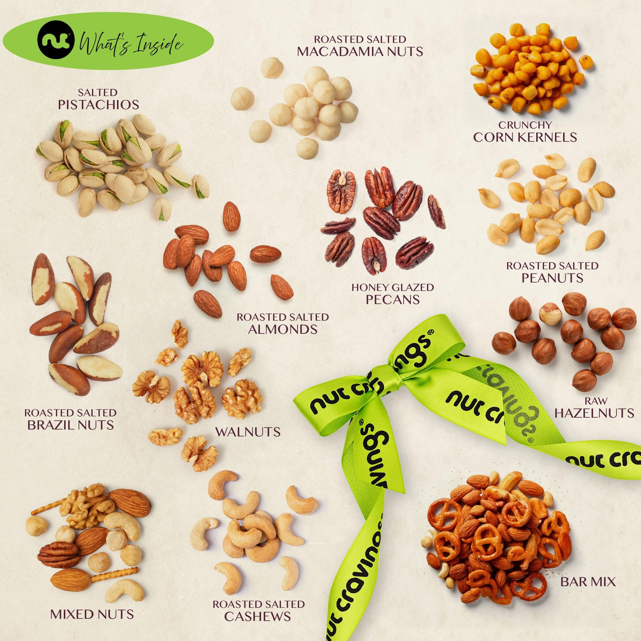 NUT CRAVINGS - Holiday Christmas Mixed Nuts Gift Basket in Reusable Wooden Tray + Green Ribbon (12 Assortments) Xmas Treats for Adults, Food Arrangement, Healthy Snack Care Package, Kosher