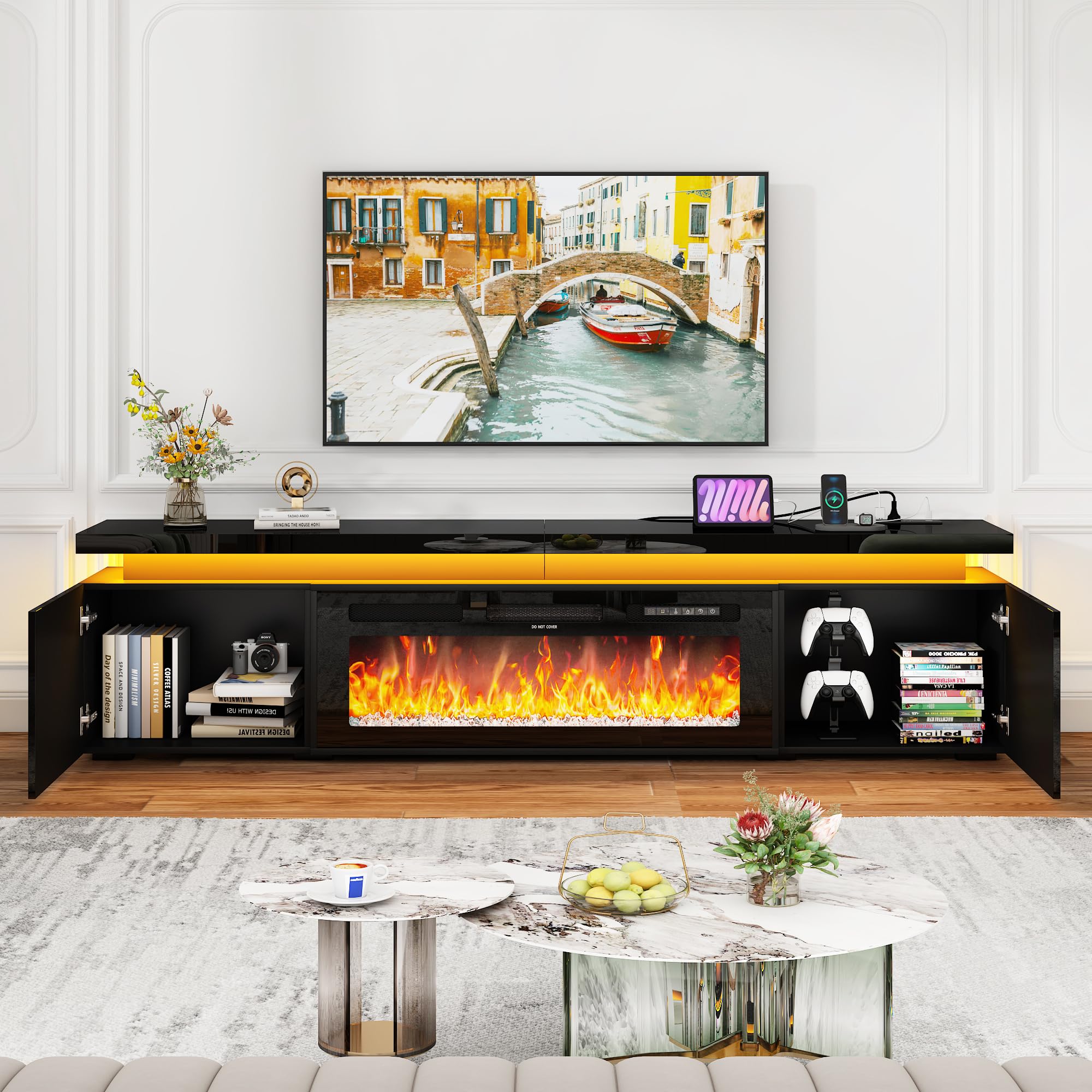 St.Mandyu Fireplace TV Stand for 80" TV, 71" LED TV Stand with 40" Electric Fireplace & Power Outlet, High Gloss Surface, 2 Storage Cabinet, Modern Style (71 Inch, Black