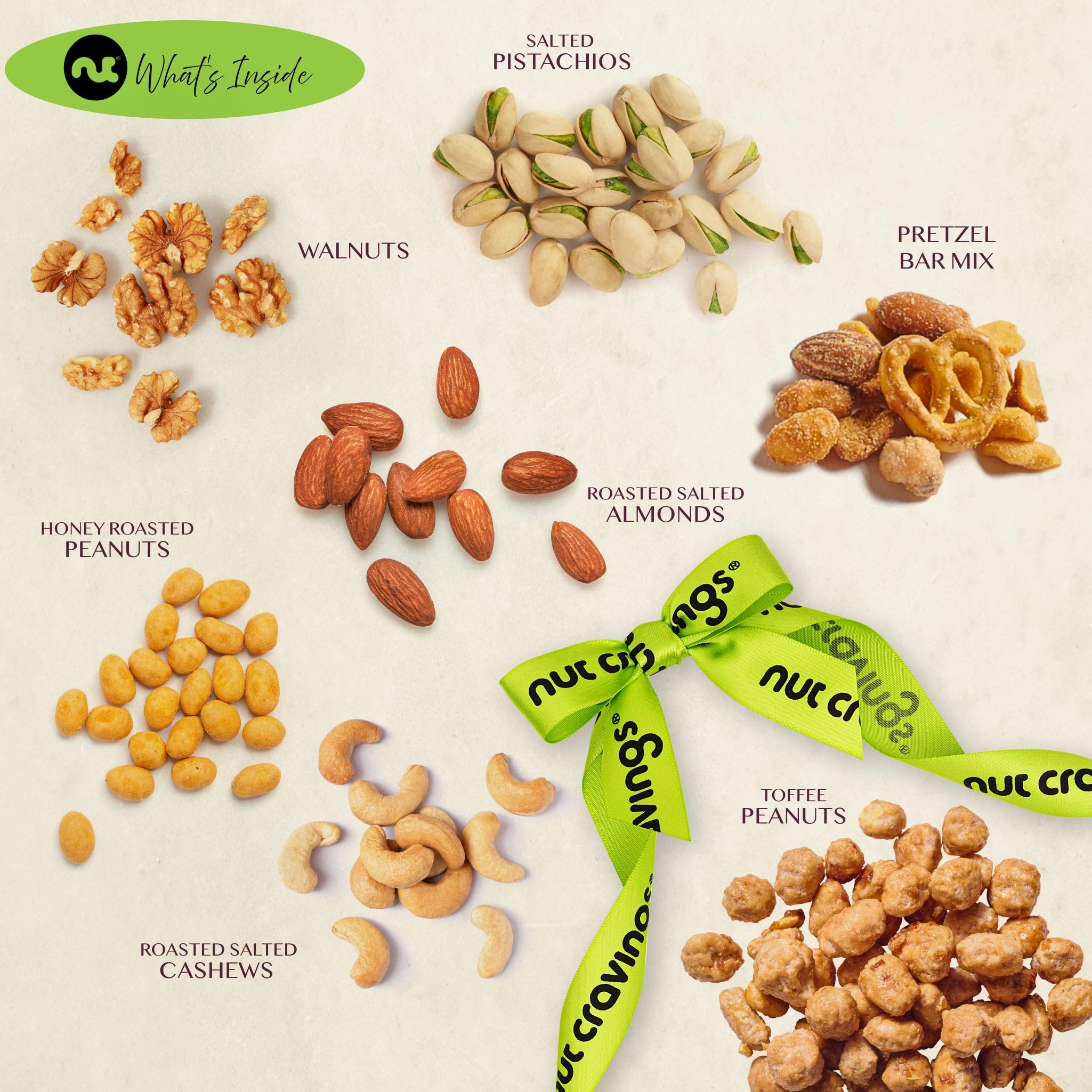 NUT CRAVINGS - Holiday Christmas Mixed Nuts Gift Basket + Green Ribbon (7 Assortments, 1 LB) Xmas Treats for Adults, Food Arrangement, Healthy Snack Care Package, Kosher