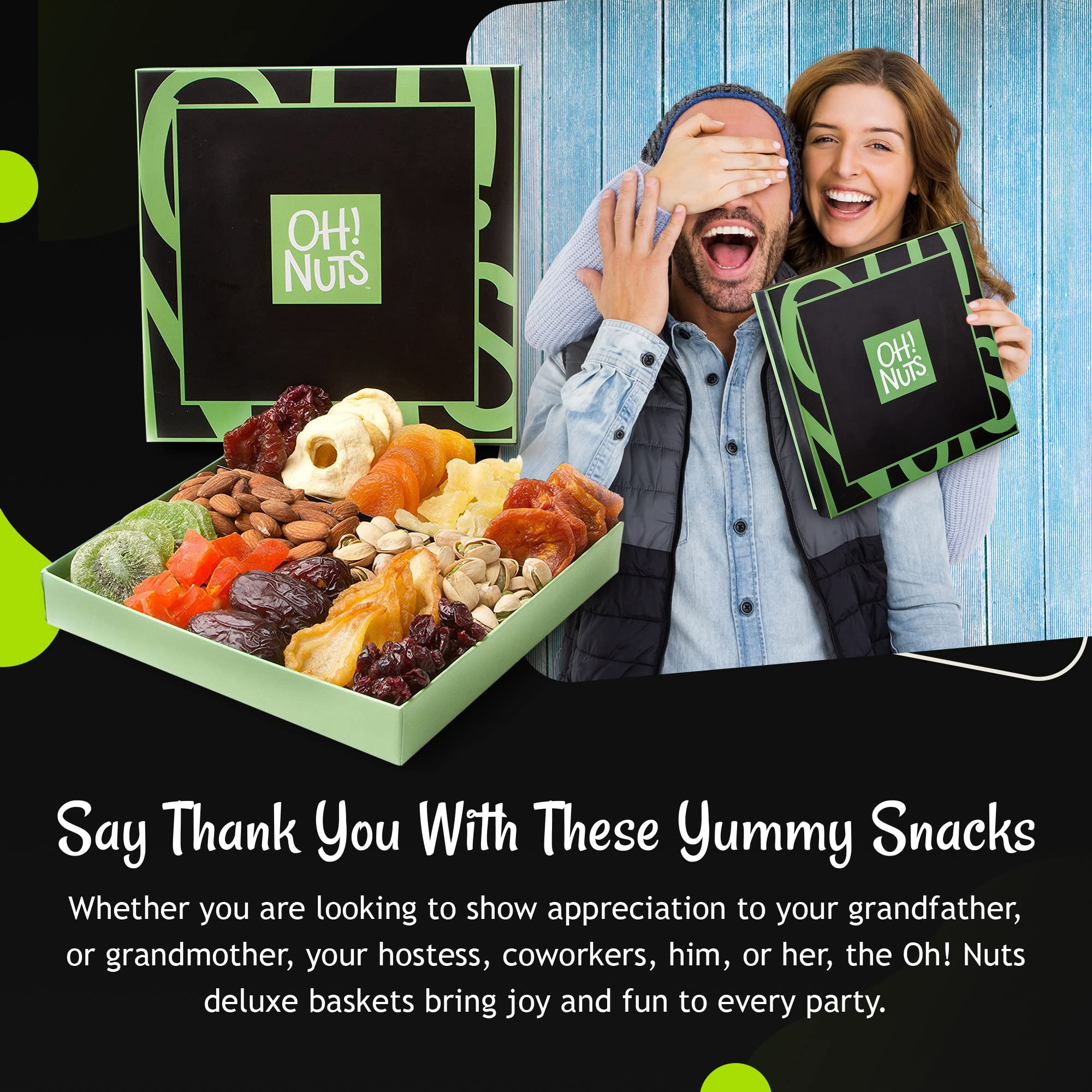 Oh! Nuts Dried Fruits and Nuts Gift Basket - Gourmet Gift Baskets - Healthy Assorted Nuts and Dried Fruit Gift Box - Crafted in USA, Sealed Fresh in Individual Packs (Green Box)
