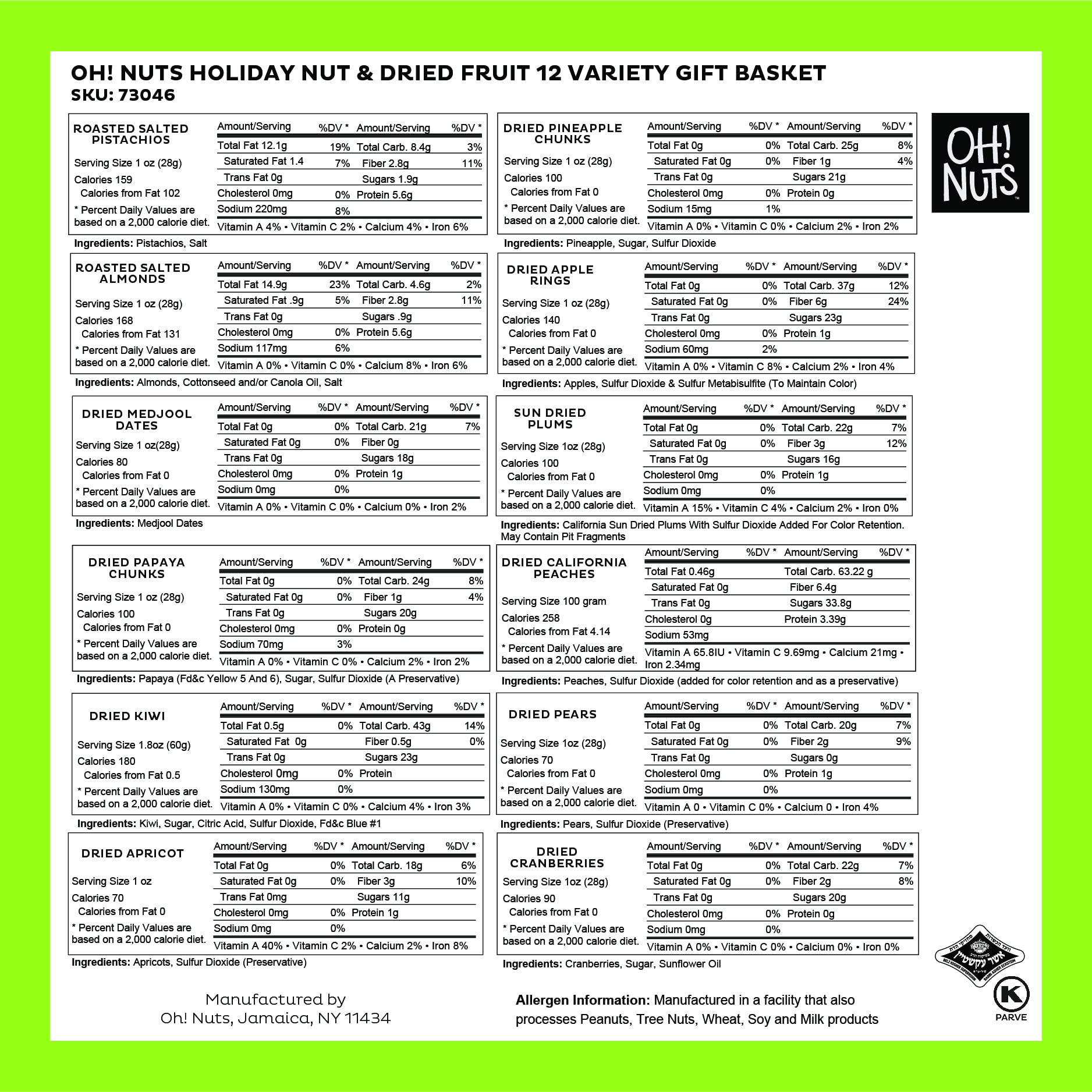 Oh! Nuts Dried Fruits and Nuts Gift Basket - Gourmet Gift Baskets - Healthy Assorted Nuts and Dried Fruit Gift Box - Crafted in USA, Sealed Fresh in Individual Packs (Green Box)