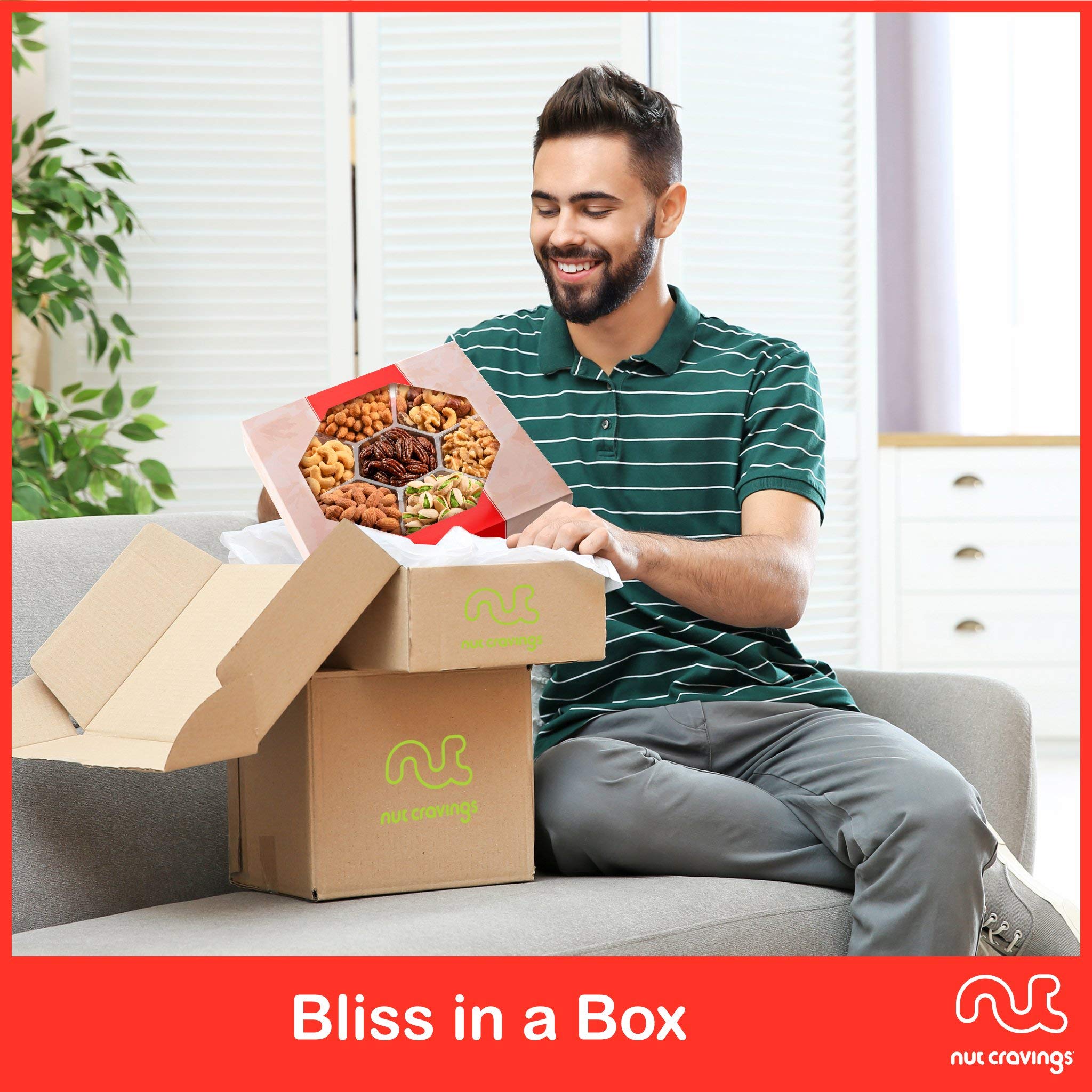 NUT CRAVINGS - Holiday Christmas Mixed Nuts Gift Basket in Red Gold Box (7 Assortments, 2 LB) Xmas Treats for Adults, Food Arrangement, Healthy Snack Care Package, Kosher