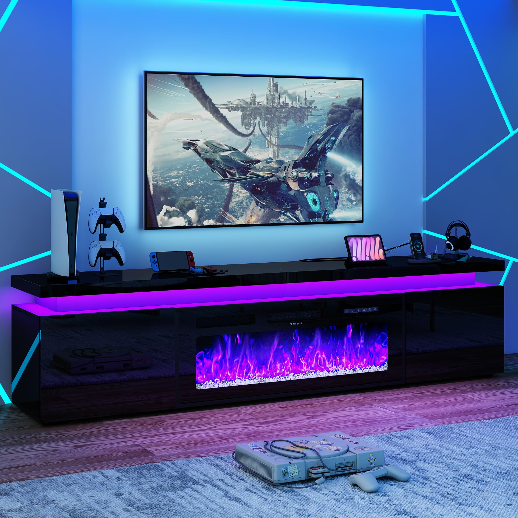 St.Mandyu Fireplace TV Stand for 80" TV, 71" LED TV Stand with 40" Electric Fireplace & Power Outlet, High Gloss Surface, 2 Storage Cabinet, Modern Style (71 Inch, Black