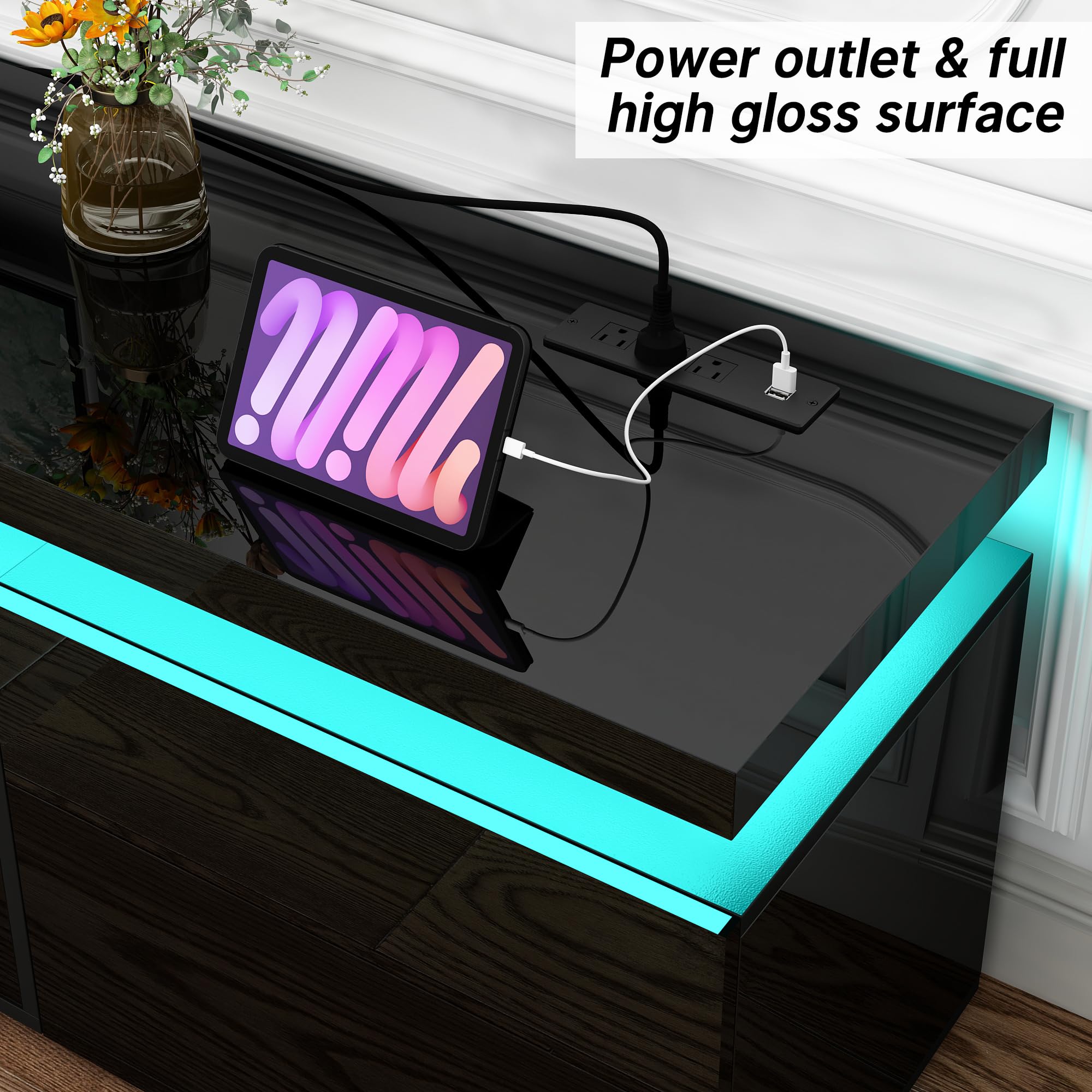 St.Mandyu Fireplace TV Stand for 80" TV, 71" LED TV Stand with 40" Electric Fireplace & Power Outlet, High Gloss Surface, 2 Storage Cabinet, Modern Style (71 Inch, Black