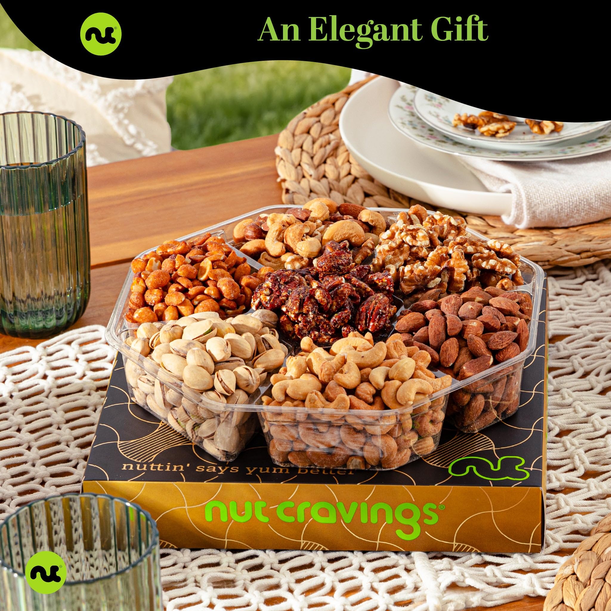 NUT CRAVINGS - Holiday Christmas Mixed Nuts Gift Basket in Black Gold Box (7 Assortments, 1 LB) Xmas Treats for Adults, Food Arrangement, Healthy Snack Care Package, Kosher