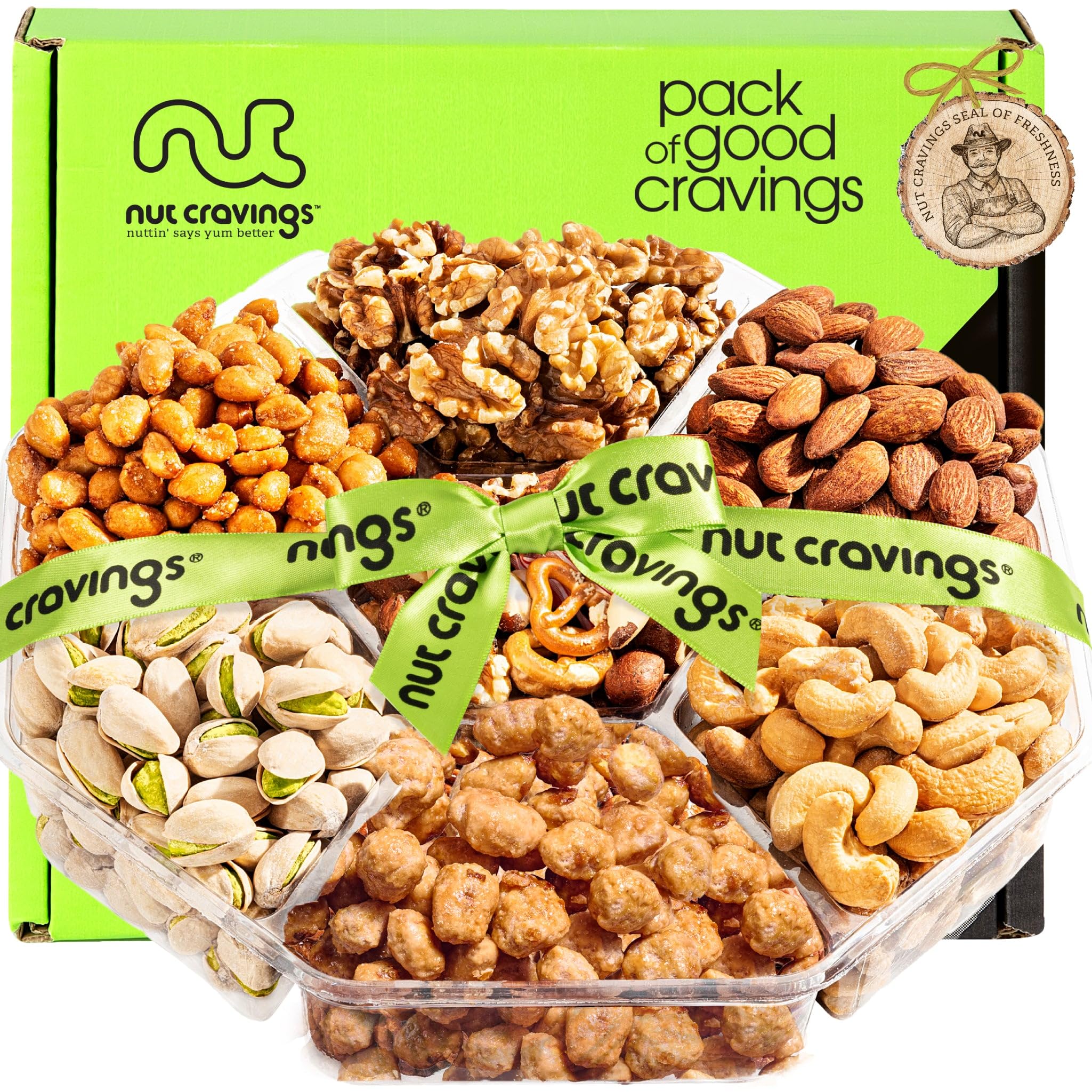 NUT CRAVINGS - Holiday Christmas Mixed Nuts Gift Basket + Green Ribbon (7 Assortments, 1 LB) Xmas Treats for Adults, Food Arrangement, Healthy Snack Care Package, Kosher