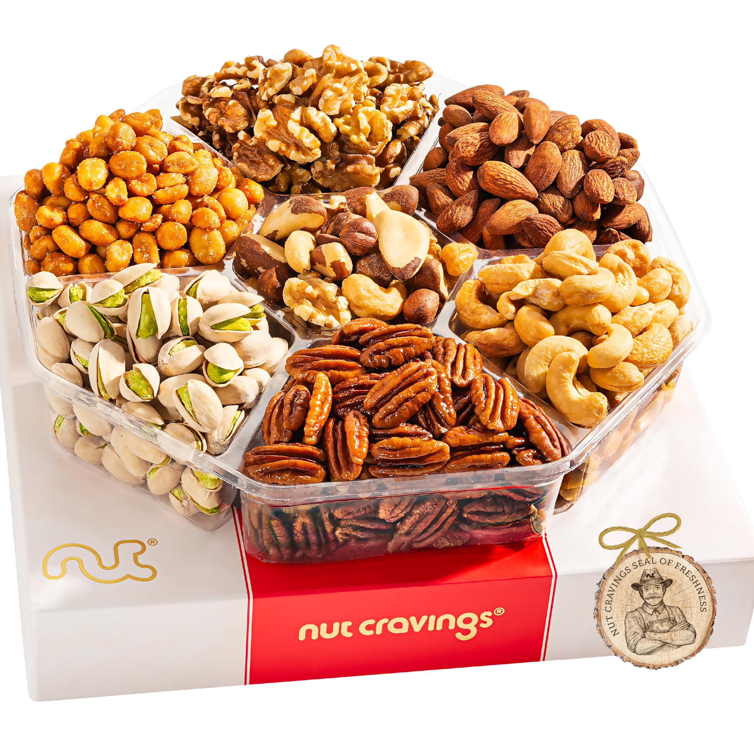 NUT CRAVINGS - Holiday Christmas Mixed Nuts Gift Basket in Red Gold Box (7 Assortments, 2 LB) Xmas Treats for Adults, Food Arrangement, Healthy Snack Care Package, Kosher