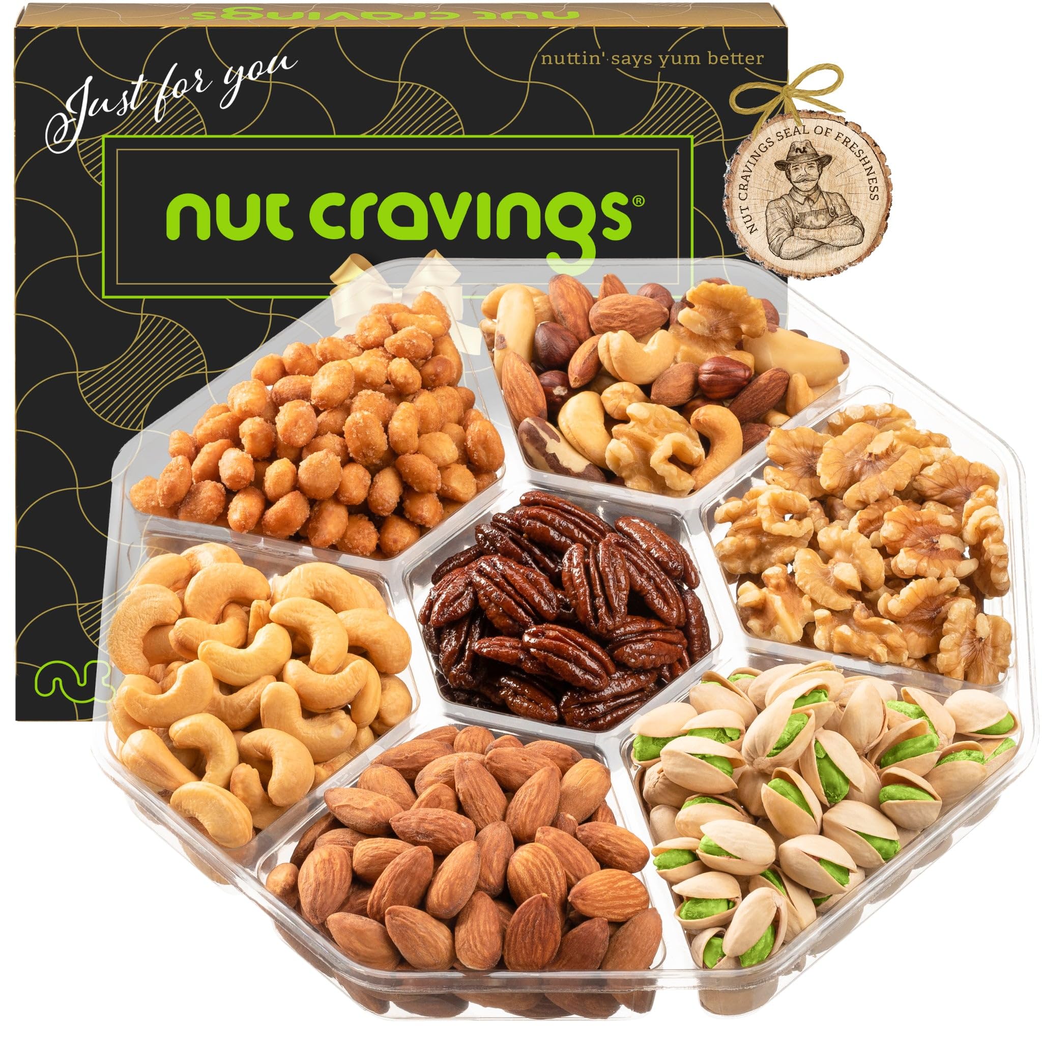 NUT CRAVINGS - Holiday Christmas Mixed Nuts Gift Basket in Black Gold Box (7 Assortments, 1 LB) Xmas Treats for Adults, Food Arrangement, Healthy Snack Care Package, Kosher