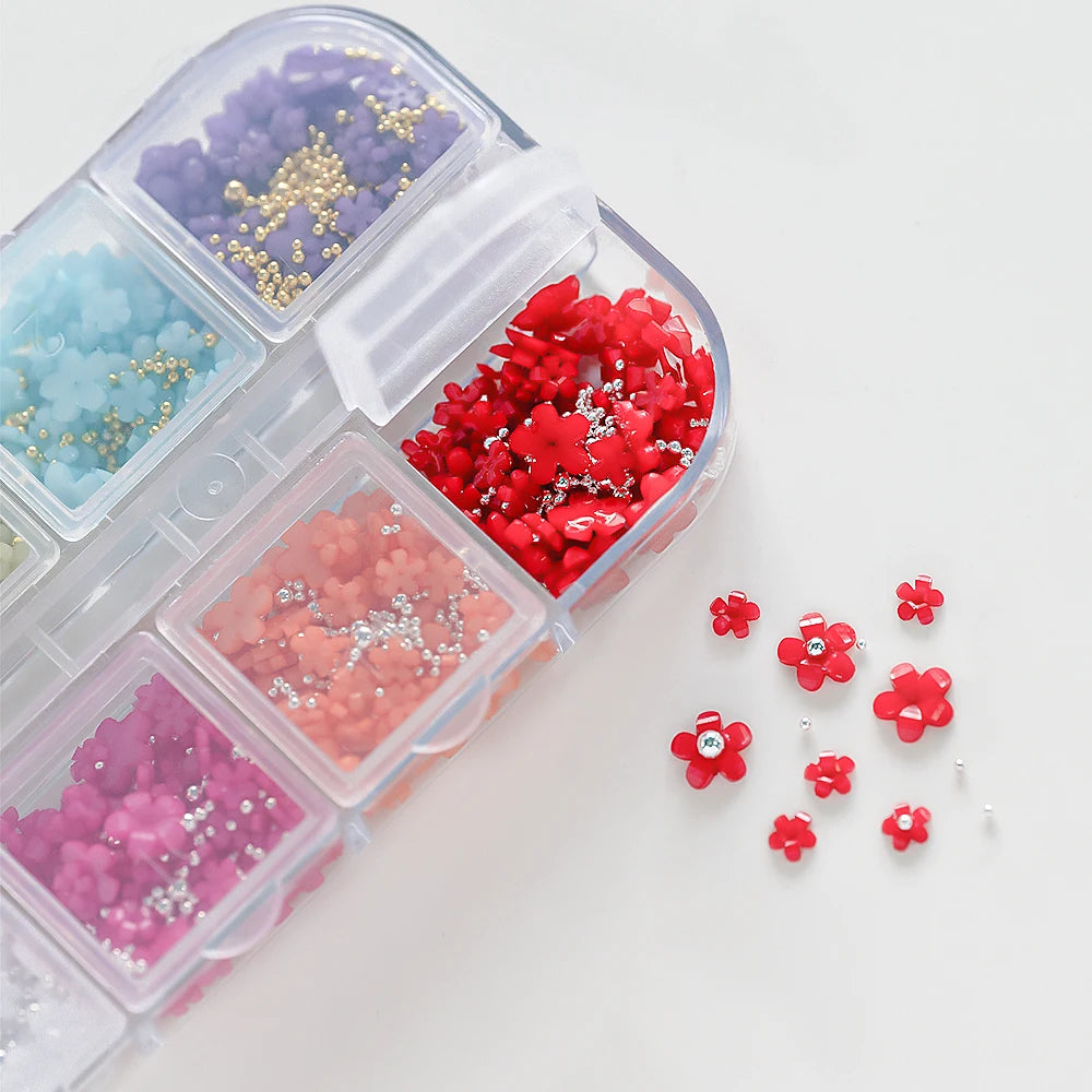 12Grids/box Colorful Acrylic Flower 3D Nail Art Decor Mixed-size 1/2/3/6mm Nail Acrylic Flower DIY Steel Bead Manicure Flowers